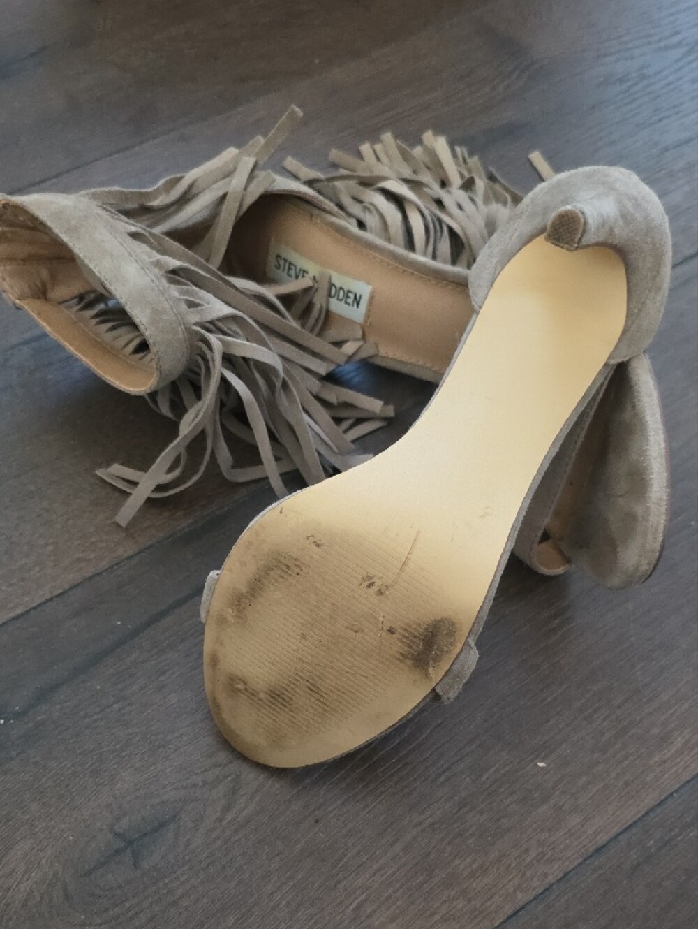 Steve Madden Taupe Suede Fringe Ankle-Strap Stilettos - Picture 6 of 6